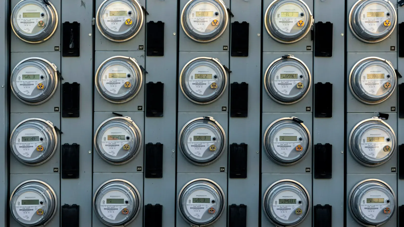 A bank of residential electricity meters