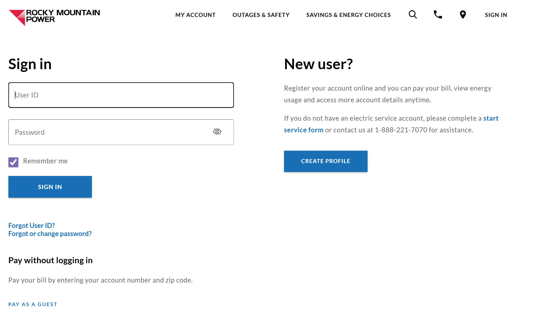 Rocky Mountain Power sign-in page
