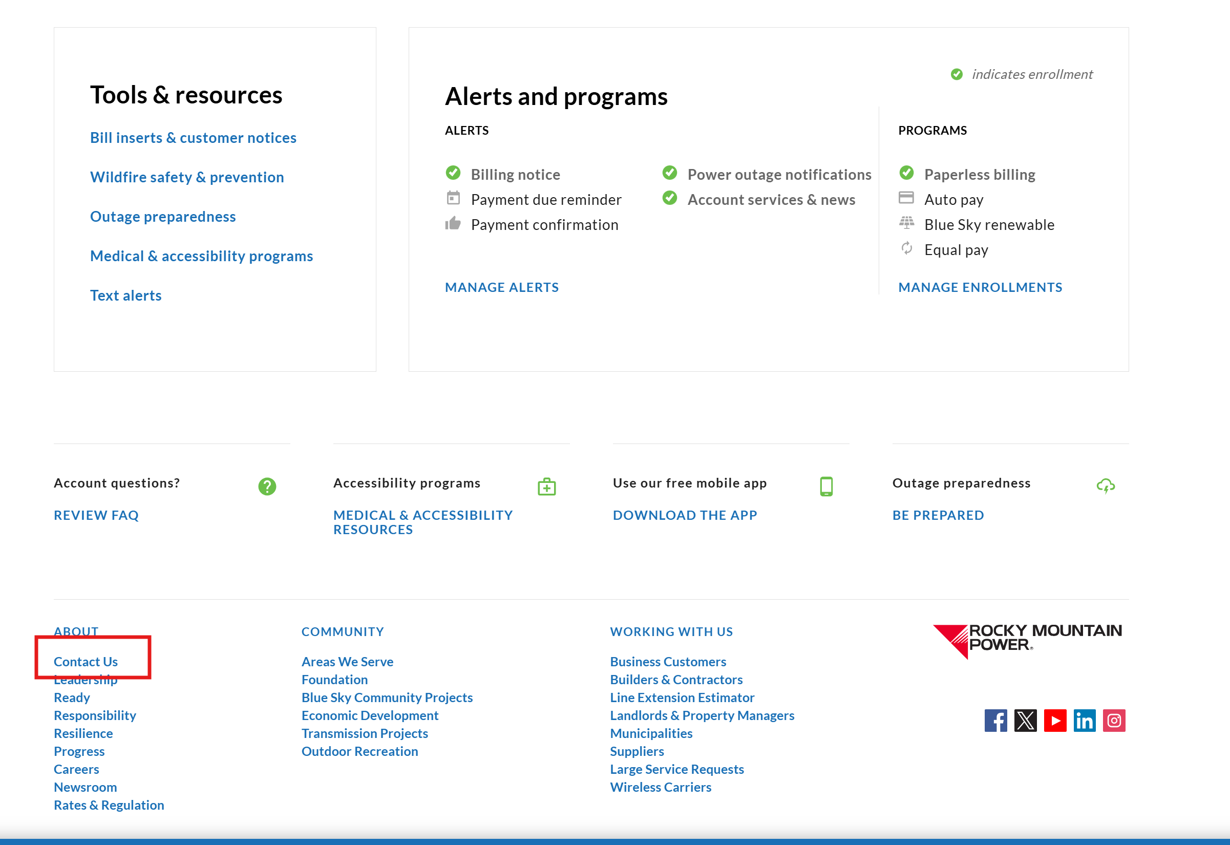 RMP footer with Contact Us highlighted