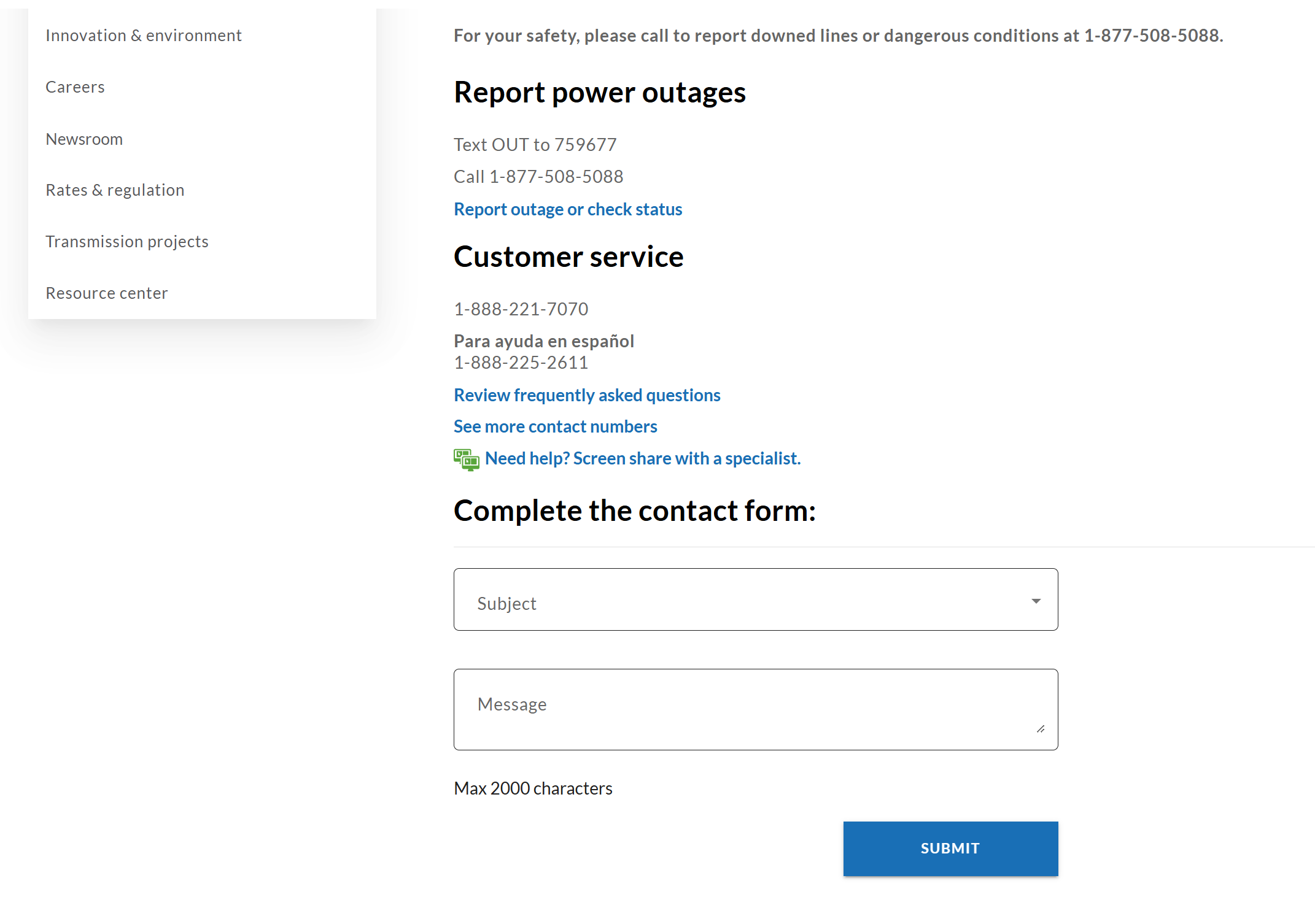 RMP contact form with subject and message fields