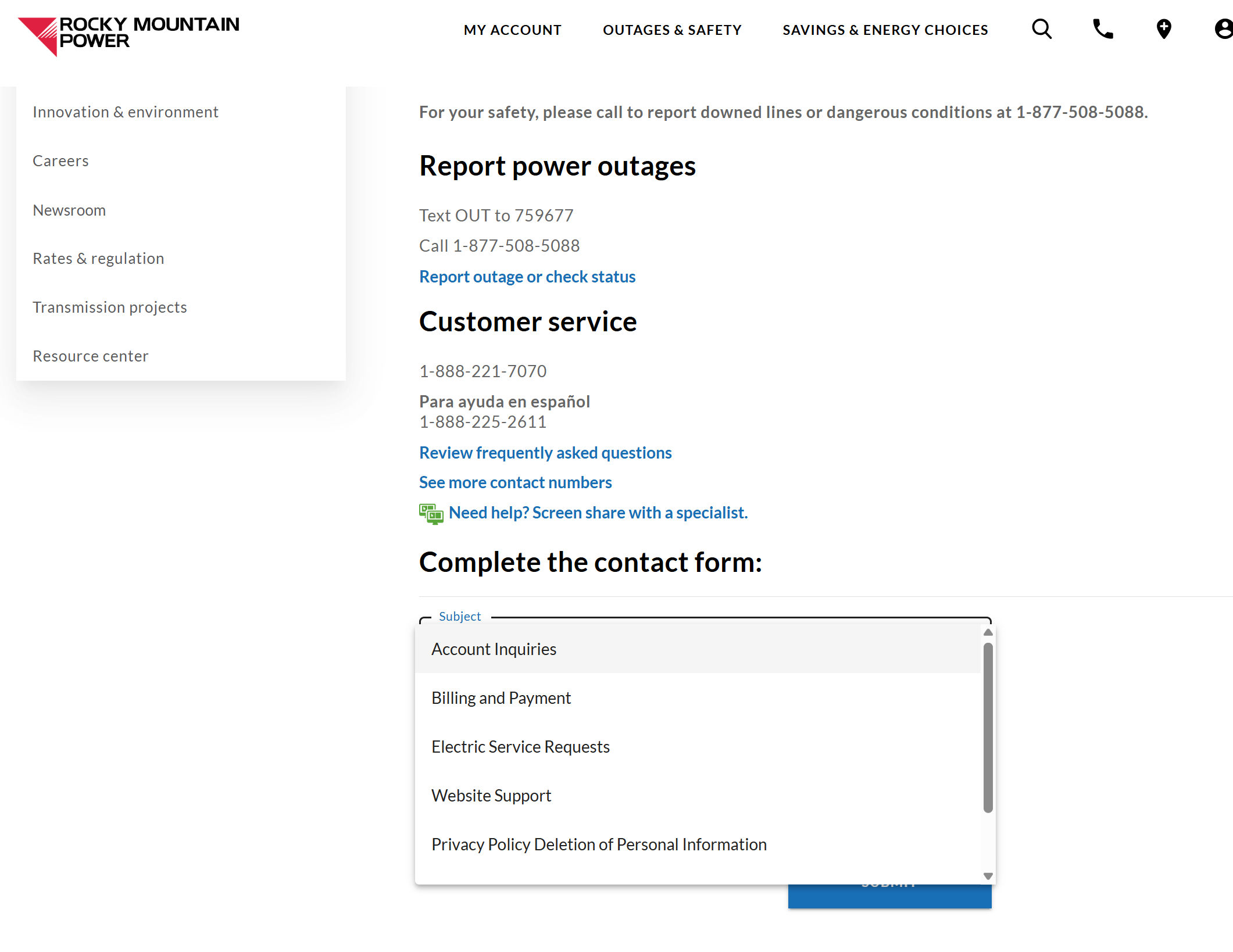 Subject dropdown with Account Inquiries selected